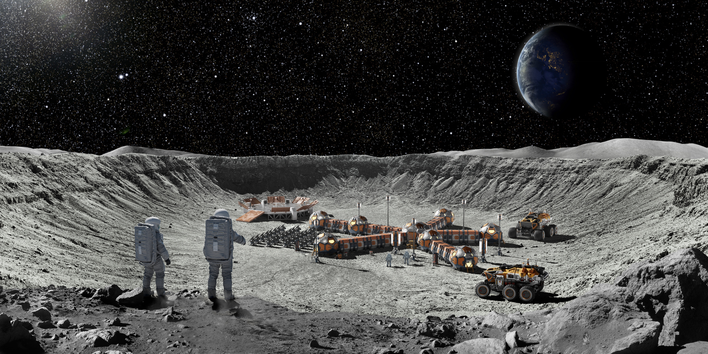 Two Astronauts On Moon Looking At Moon Base From Crater Edge